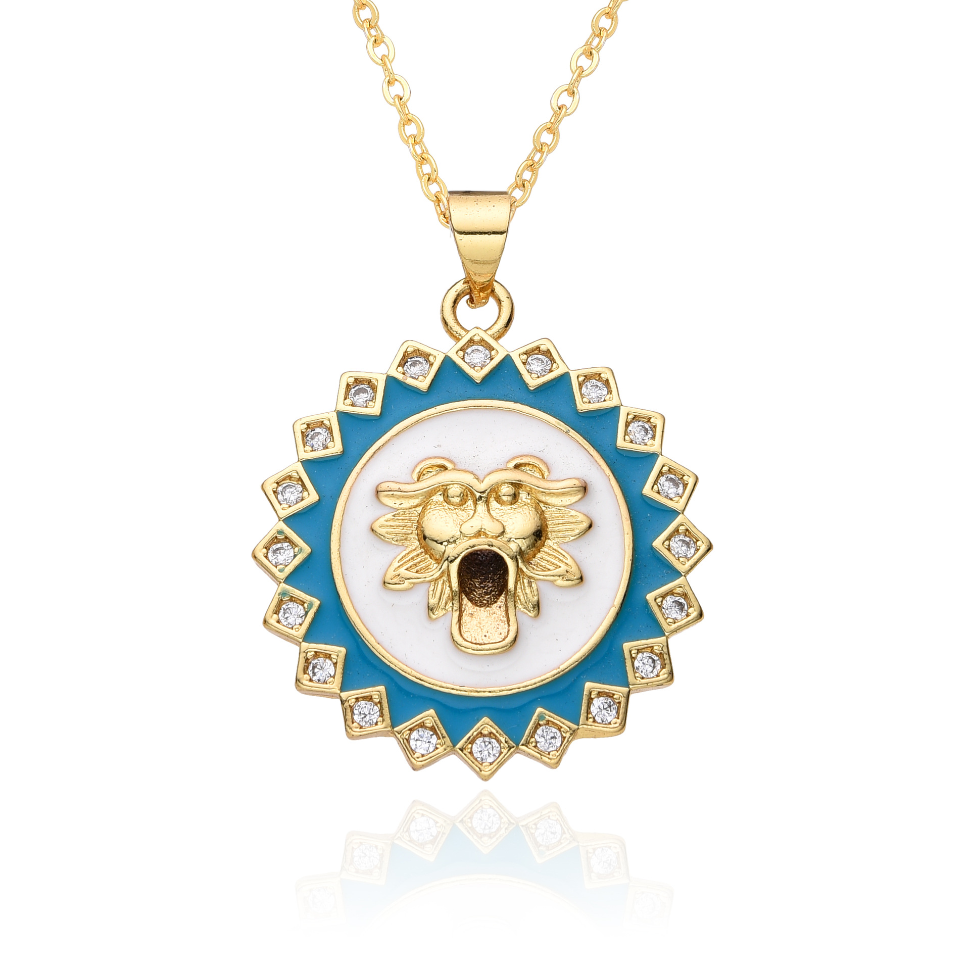 Zircon Inlay Material Copper Gold Plated Enamel Inlay Round Lion Bee Zircon Pendant Necklace