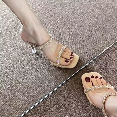 Fairy style belt fine heel diamond high heels 2025 new summer transparent sandals women's middle heel sandals sandals sandals