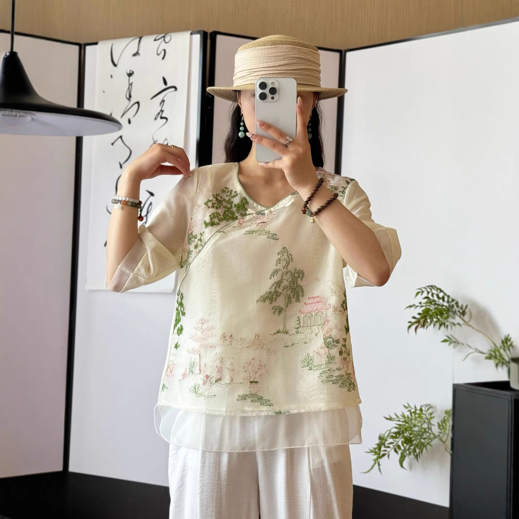 批发一件代发时尚新款国风上衣五分袖T恤薄款圆领盘扣中式小衫女