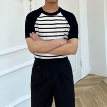 轻熟休闲简约百搭英伦体恤男短袖夏装商务针织纹理修身撞色t恤男