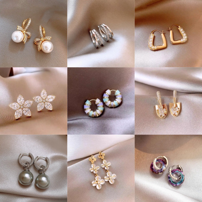 电镀真金微镶锆石气质耳钉女2024年新款花朵耳环小众设计耳扣耳饰