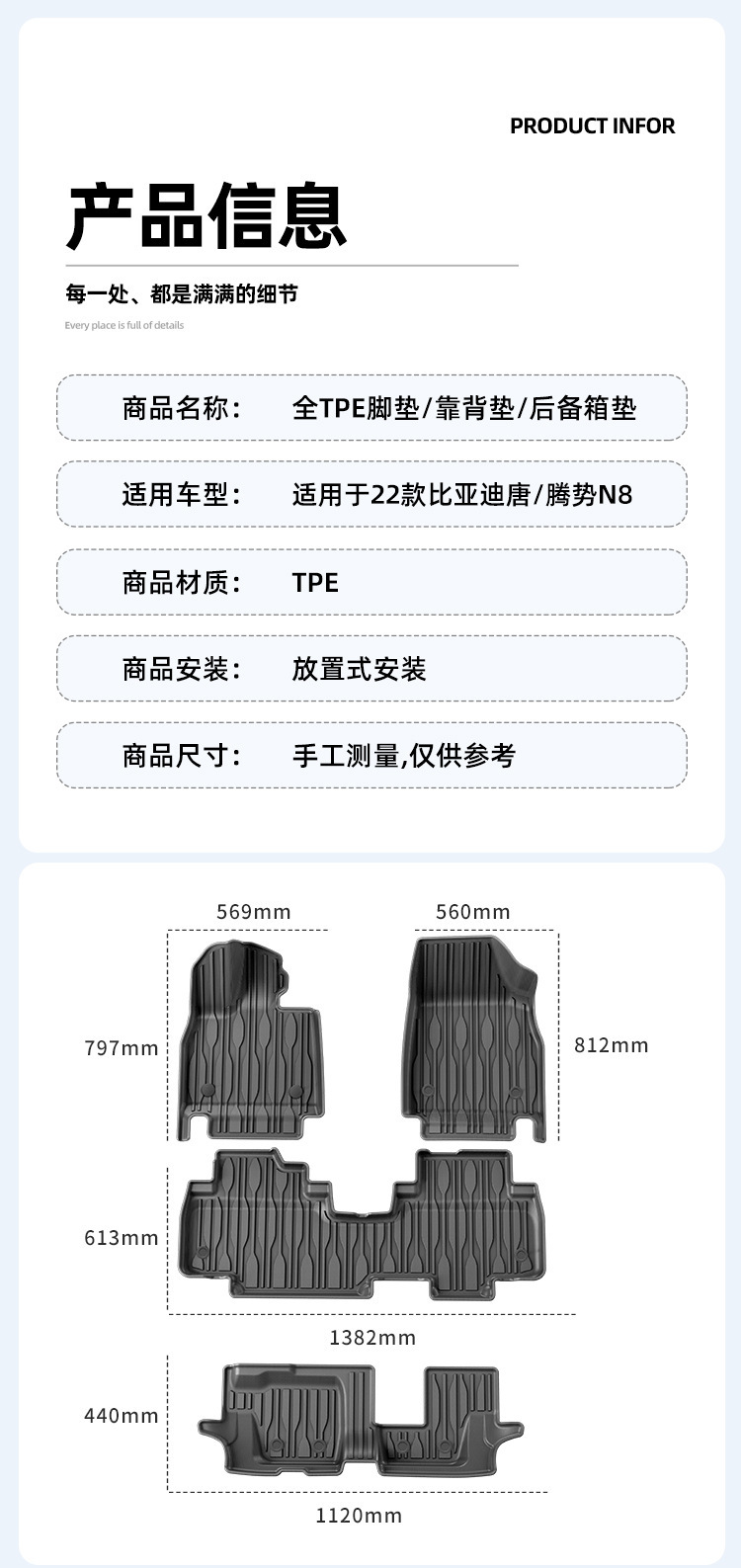 Suitable for 22-24 models of BYD Tang and Denza N8, car-specific all-weather TPE trunk mat