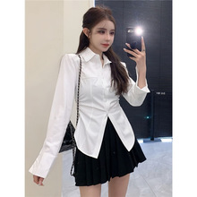 学院风蓝色长袖衬衫女装2024新款秋款设计感小众收腰显瘦别致上衣