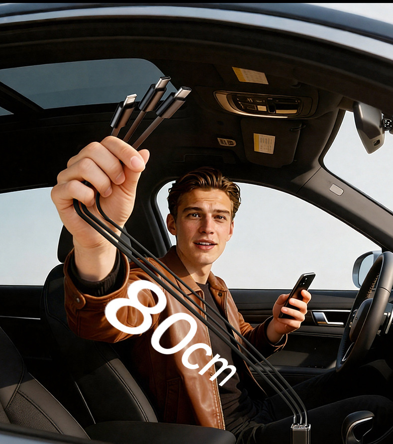 2026 New Model Three-Wire Six-in-One Car Charger Super Fast Charging Car Cigarette Lighter Adapter with Retractable Cable