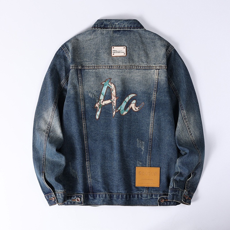 Men's Denim Jacket Embroidered Loose Fit Washed Cotton Outerwear_voghion.com