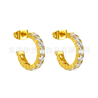 欧美流行钛钢时尚CNC镶钻轻奢18K彩金满天星现货开口耳环厂家批发