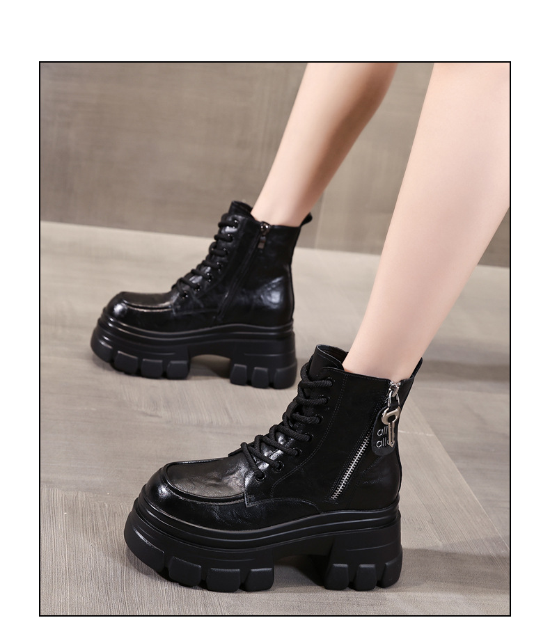 Boot nữ kiểu Anh đế dày nâng chiều cao, cổ ngắn, phong cách retro — Lớp lót nhung đen chi tiết 13