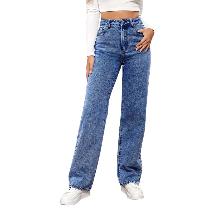 2025 nuevos jeans de mujer lavados de cintura alta europeos y americanos transfronterizos, pantalones de pierna recta de todo fósforo de moda larga de Amazon