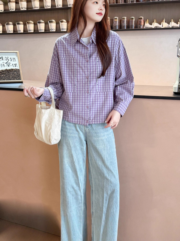 韩版宽松设计感小众秋季新款蓝色格纹长袖上衣女衬衫气质休闲外套|undefined