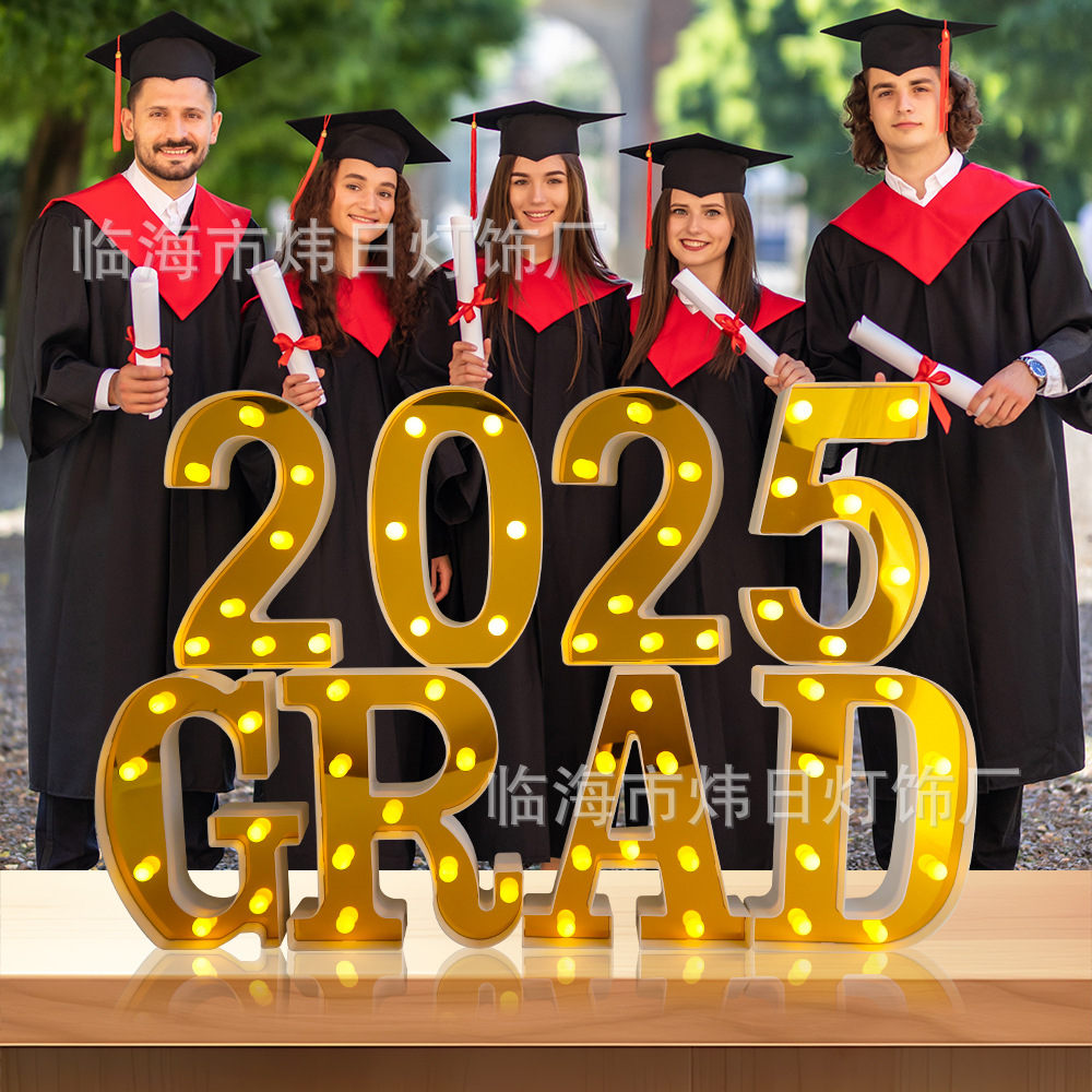2025 accesorios de la foto de graduación, lámpara de letras grad, decoración de la escena de la fiesta led, lámpara decorativa, temporada de graduación, sombrero de soltero