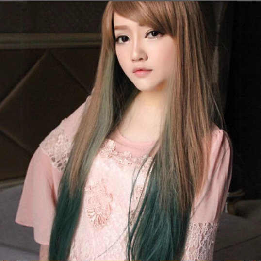 Fashion wig women's long straight hair linen gradient peacock green fake head cover face hairstyle Lazada supply spot