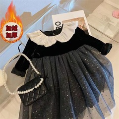 韓國童裝女童春秋洋氣女孩絲絨網紗禮服公主裙兒童時髦高端連衣裙