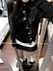 韩系设计感黑色针织开衫女秋冬毛衣外套感蝴蝶结内搭打底上衣