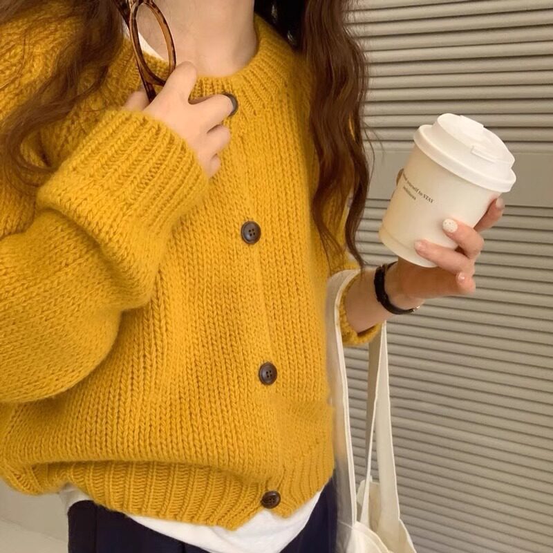 2026 Autumn/Winter New Collection: Relaxed-fit Knit Cardigan, Early Spring Top, Chunky Yarn Yellow Sweater Coat for Women 2026 Autumn/Winter New Collection: Relaxed-fit Knit Cardigan, Early Spring Top, Chunky Yarn Yellow Sweater Coat for Women