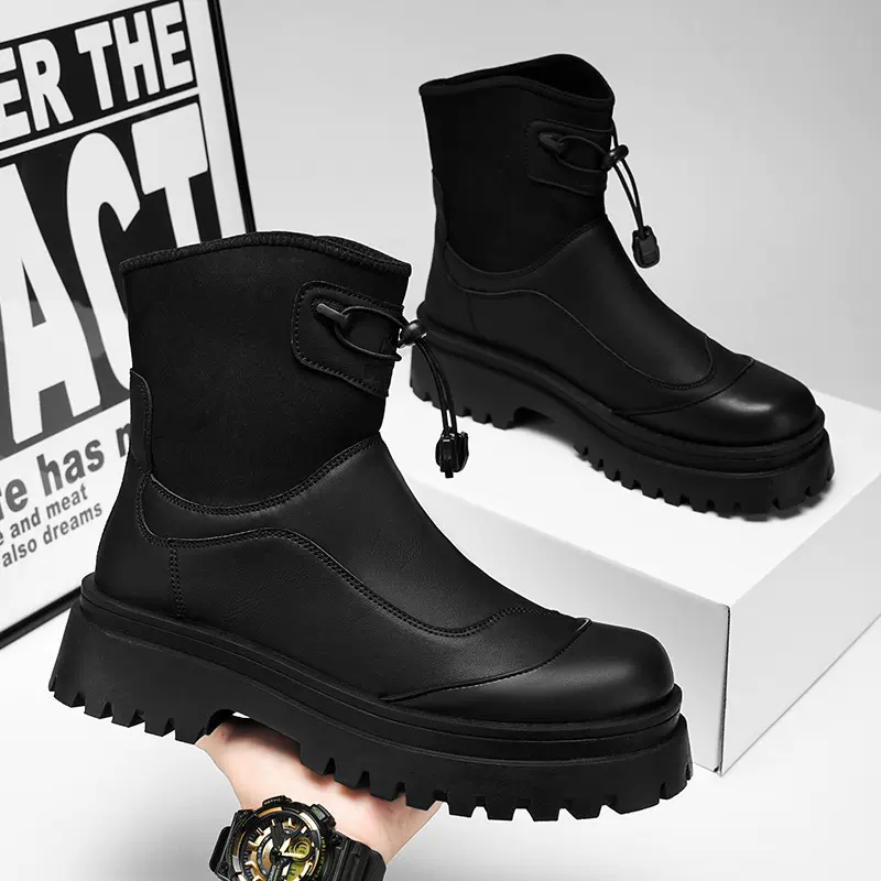 马丁靴男款冬季时尚新款户外防水防滑增高工装鞋工作厚底高帮皮靴