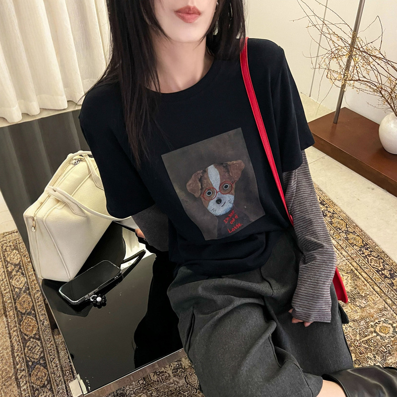 小狗印花假两件磨毛T恤女欧洲站2025秋装新款欧货女装休闲上衣潮|undefined