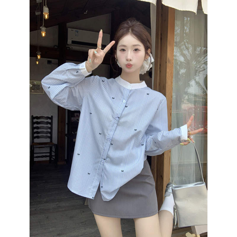 Blue and White Striped Bow Print Long-Sleeved Shirt for Women 2025 Spring and Summer Korean Style Lazy Design Elegant Round Neck Top Blue and White Striped Bow Print Long-Sleeved Shirt for Women 2025 Spring and Summer Korean Style Lazy Design Elegant Round Neck Top