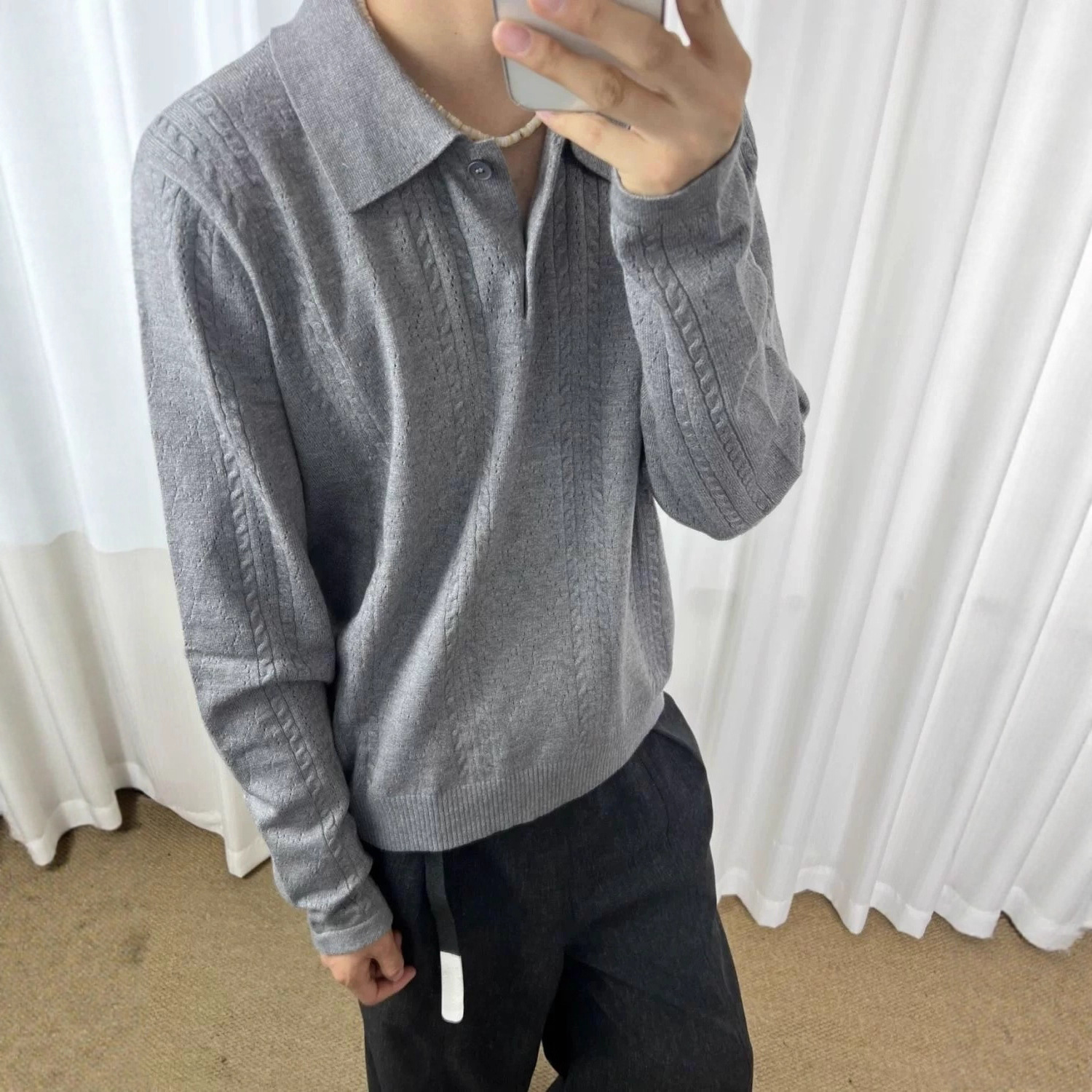 Camiseta de polo retro jacquard gris de punto de trigo hombre otoño viejo estilo de dinero con camiseta de manga larga de marca de moda