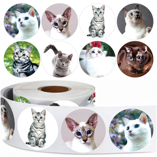 Cat Sticker Gift Pack of 500 Sheets in 1 Roll with Self-Adhesive Circular Labels