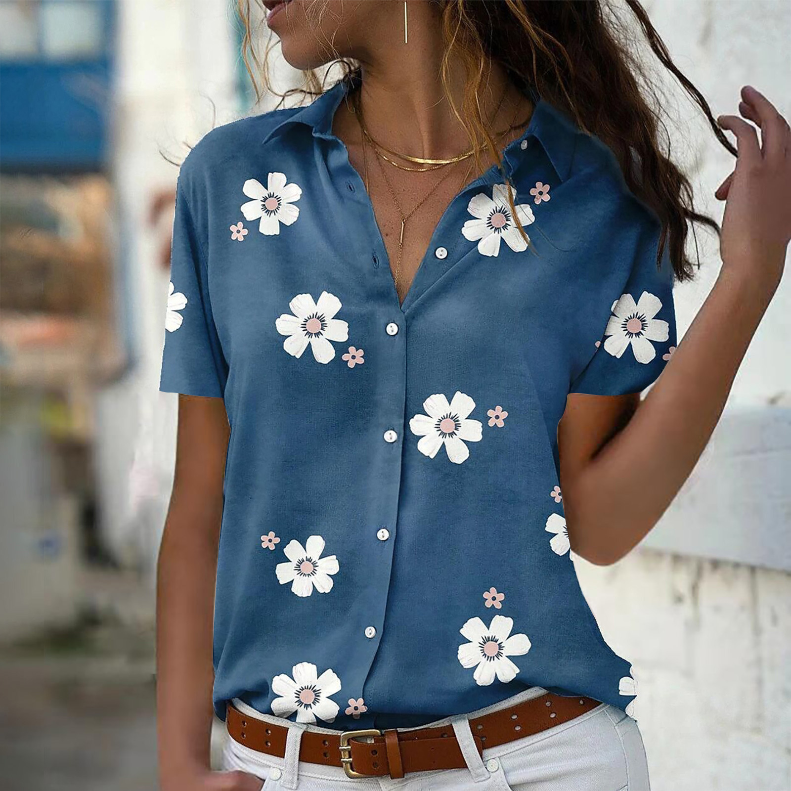 Fashion Flower Cotton Blend Polyester Shirt Collar Long Sleeve Regular Sleeve Printing Blouse