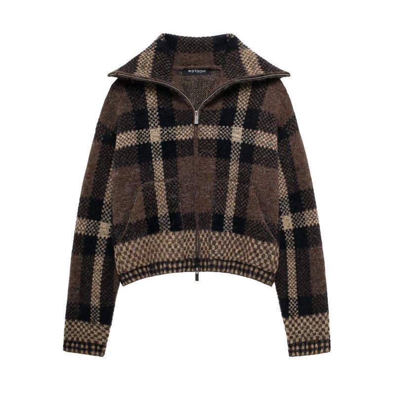 TAOP & ZA Autumn New European and American Style Women's Plaid Knitted Bomber Jacket Coat 5802106