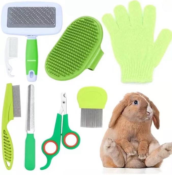 8 piezas de juego de belleza de conejo, juego de cuidado, cortaúñas, peine de pulgas, cepillo de baño, guantes, peine de limpieza, se puede etiquetar