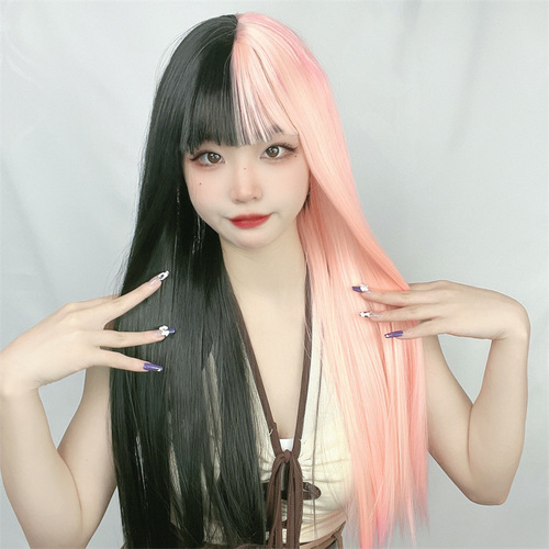 Kuaishou supply wig female air bangs long straight hair black pink color combination yin and yang color wig full headgear factory direct sale