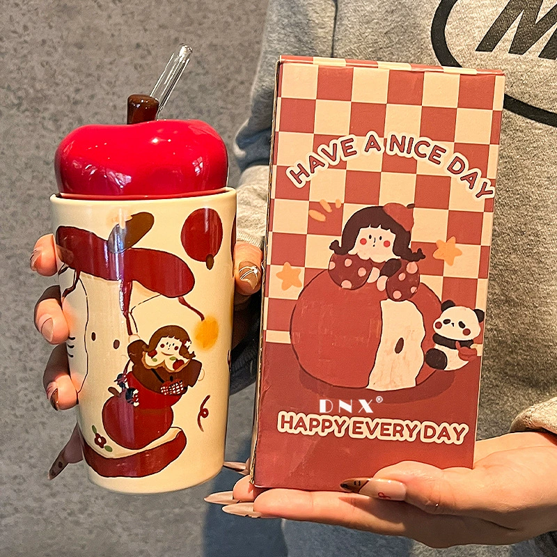 Яблоко, керамическая кофейная кружка с милым соломинкой со стеклом, подарок на день рождения