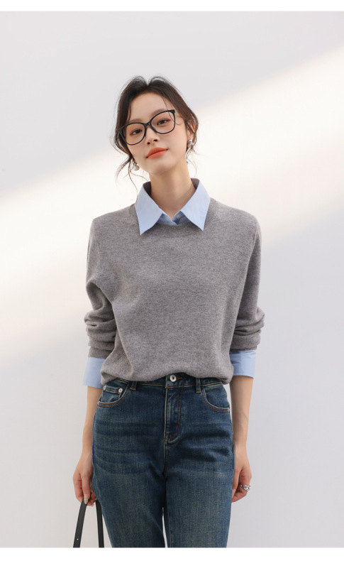 哥家商场同款女装2025秋季时尚拼接衬衫针织衫假两件羊毛衫上衣|undefined
