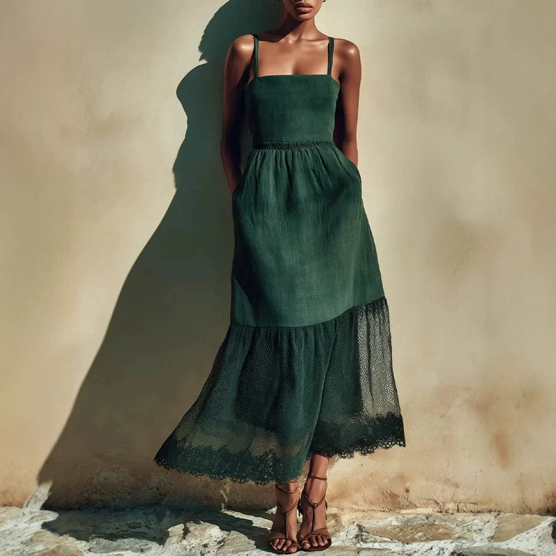 Cross-Border Spaghetti Strap Dress, European and American Style 2025 Hot Sexy Backless Lace-Up Ultra-Long Tiered Dress Spaghetti Strap Dress