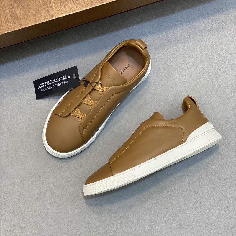 Lace-Free Men's Sneakers, Genuine Leather Low-Top White Slip-On Shoes, Elastic Slip-On Driving Shoes
