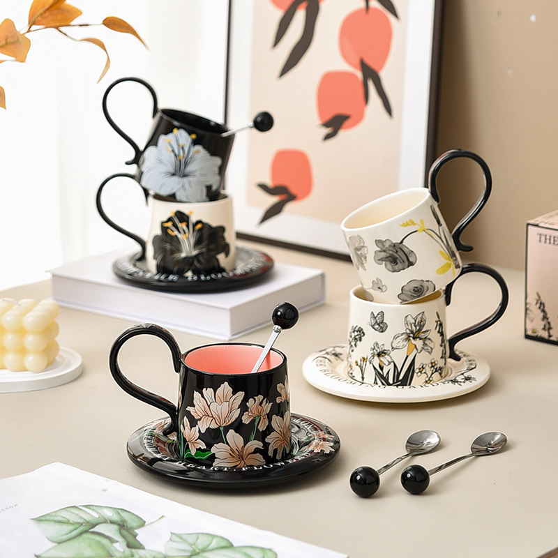高耳咖啡杯碟套装礼盒女士高颜值陶瓷高档轻奢精致下午茶杯带勺子