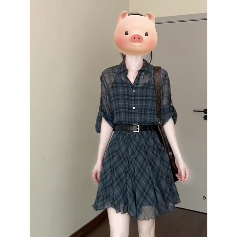 French Retro Style Plaid Waist-Cinching Slimming Shirt Dress with Belt, High-End Slimming Short Skirt, New Summer Style for Women