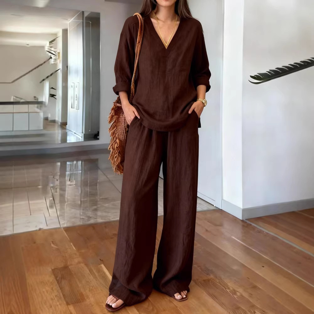 Damen-Loungewear-Set aus gewaschener Baumwolle, bestehend aus einem langärmeligen Oberteil mit V-Ausschnitt und einer bequemen Hose, weiches, lässiges Zweiteiler-Outfit_voghion.com
