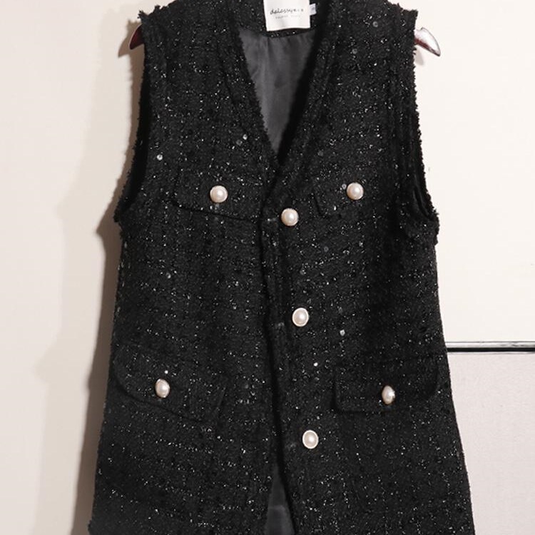 Chanel-Style Women's Vest for Spring and Autumn 2026, New Model, Mid-Length, Plus-Size, Loose Fit, Sequined Tweed Vest, Black Chanel-Style Women's Vest for Spring and Autumn 2026, New Model, Mid-Length, Plus-Size, Loose Fit, Sequined Tweed Vest, Black