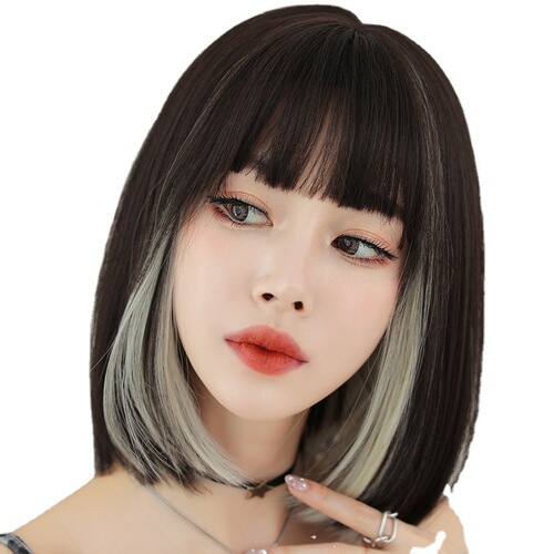 Wig for women with short hair, Internet celebrity, ear-hanging dyed full headband, clavicle hair, round face, full bangs, bob head, buckled full headband