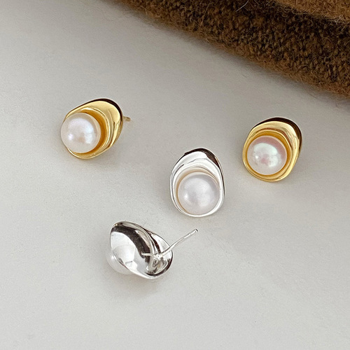 s925 sterling silver freshwater pearl geometric shaped earrings for women summer ins cool style commuting irregular design earrings