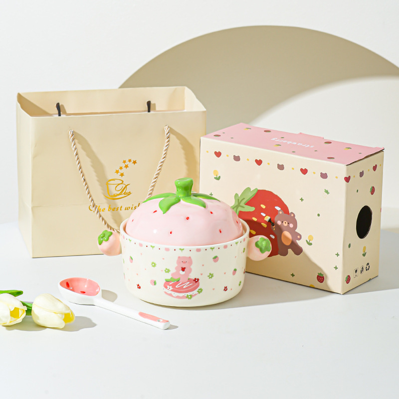 Cartoon Strawberry adorable tazón de fideos de chicas bolos de fideos caseros bolos de cerámica de doble oreja con cubierta cubierta de platos de regalo set de platos