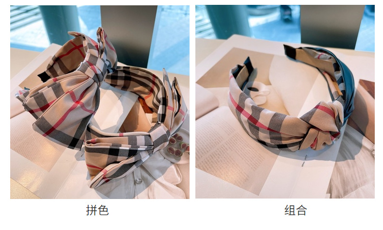 120g Weight Headwear Classification Festival Occasion Bow Knot Pattern Women'S Gender Retro Style Retro Lattice Double-layer Bow Twisted Headband 7