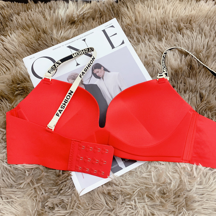 985 moda sexy carta correa de hombro brillante ropa interior sin costuras cómodo inalámbrico grueso pequeño pecho empuja hacia arriba el traje sujetador