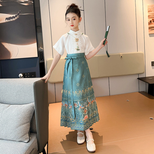 Girls' Chinese-style ancient costumes improved horse-faced skirt suit for girls, older children, summer style, children's Hanfu, children's clothing, Ming Dynasty Tang suit