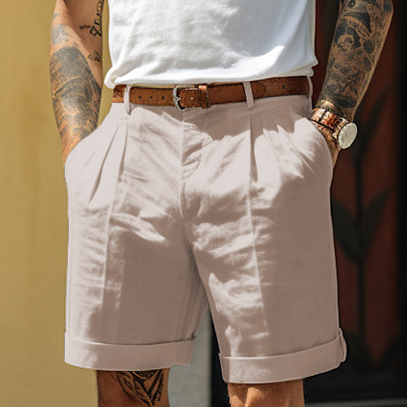 Herrkläder Herrshorts Linneshorts Sommarshorts Plisserade shorts Fickveckade raka ben Vanligt bekvämt kort semester som andas_voghion.com