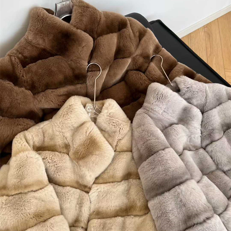 Haining Fur Wholesale 2025 Autumn and Winter New Old Money Style Rex Rabbit Fur Maillard Fur Real Fur Jacket for Women