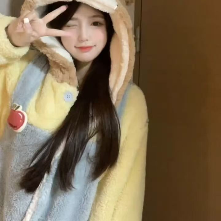 超萌背带熊珊瑚绒睡衣女秋冬季保暖连帽开衫睡袍可爱美少女家居服|undefined