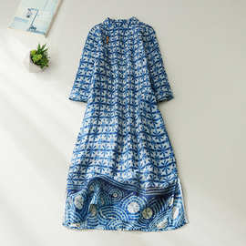 实拍文艺中式复古国风改良旗袍裙2025年新款夏季苎麻印花连衣裙