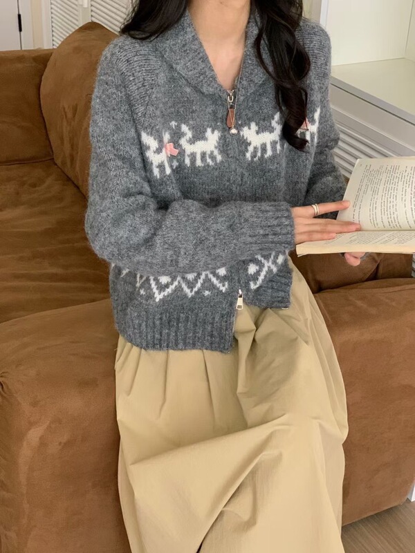 韩版费尔岛复古提花翻领毛衣女秋冬新款宽松软糯长袖针织上衣外套|undefined