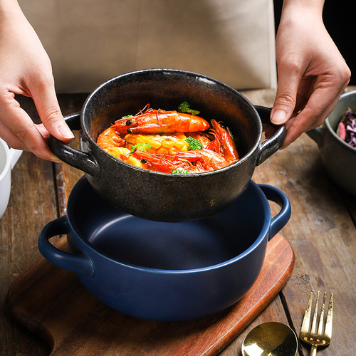 Japanese and Korean tableware ceramic double-ear bowl ramen salad bowl snail noodle soup bowl with lid instant noodle bowl wholesale