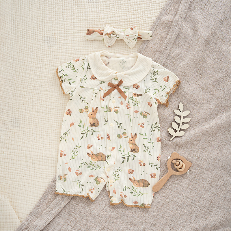 Female Baby Summer Ultra-thin Modal Short Climbing Newborn Baby Doll Collar Class A Short-sleeved Shorts Jongsuit