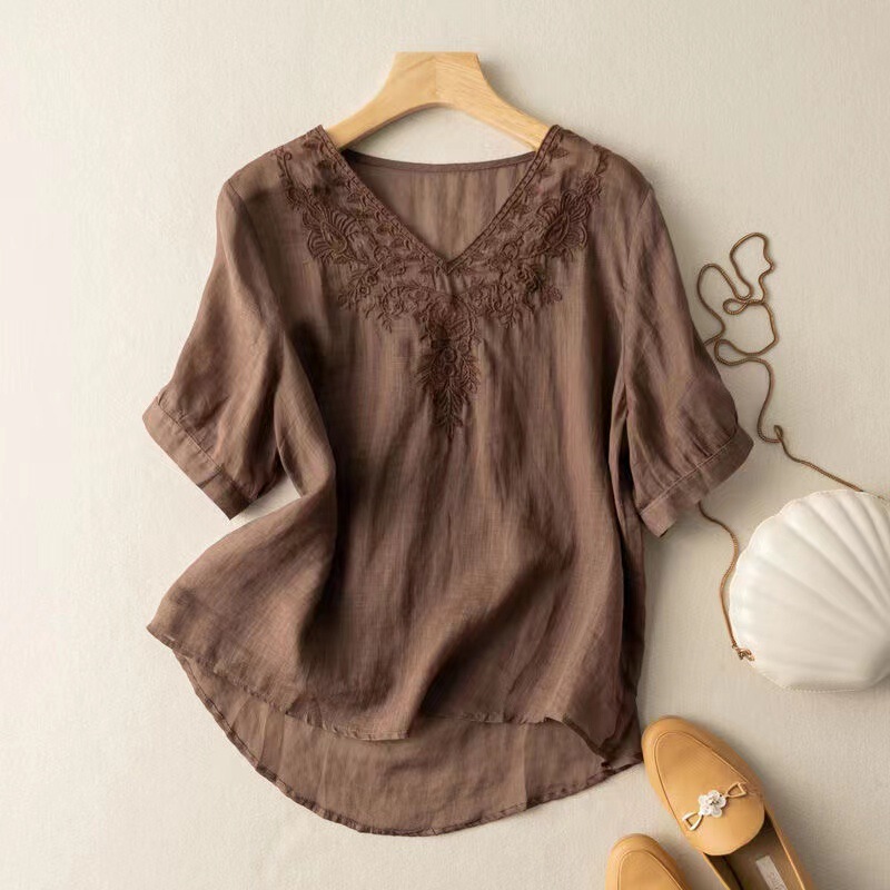 Cotton Linen Short-sleeved T-shirt Women's Summer New V-neck Embroidery Loose Thin Slim-fit Slimming plus size Women's Clothing