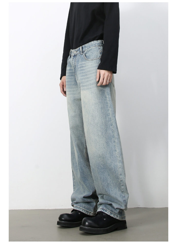 Quần jean nam ống rộng dáng suông cạp vừa phong cách đường phố — Denim đen, Làm cũ, Màu trắng, Màu xanh lam chi tiết 8